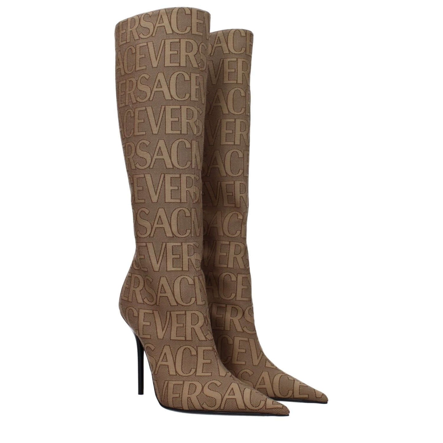 Versace Beige Fabric High Heel Boots with logo and 11 cm pointy toe heel, featuring zip closure and leather sole, casual style.