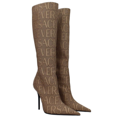 Versace Beige Fabric High Heel Boots with logo and 11 cm pointy toe heel, featuring zip closure and leather sole, casual style.