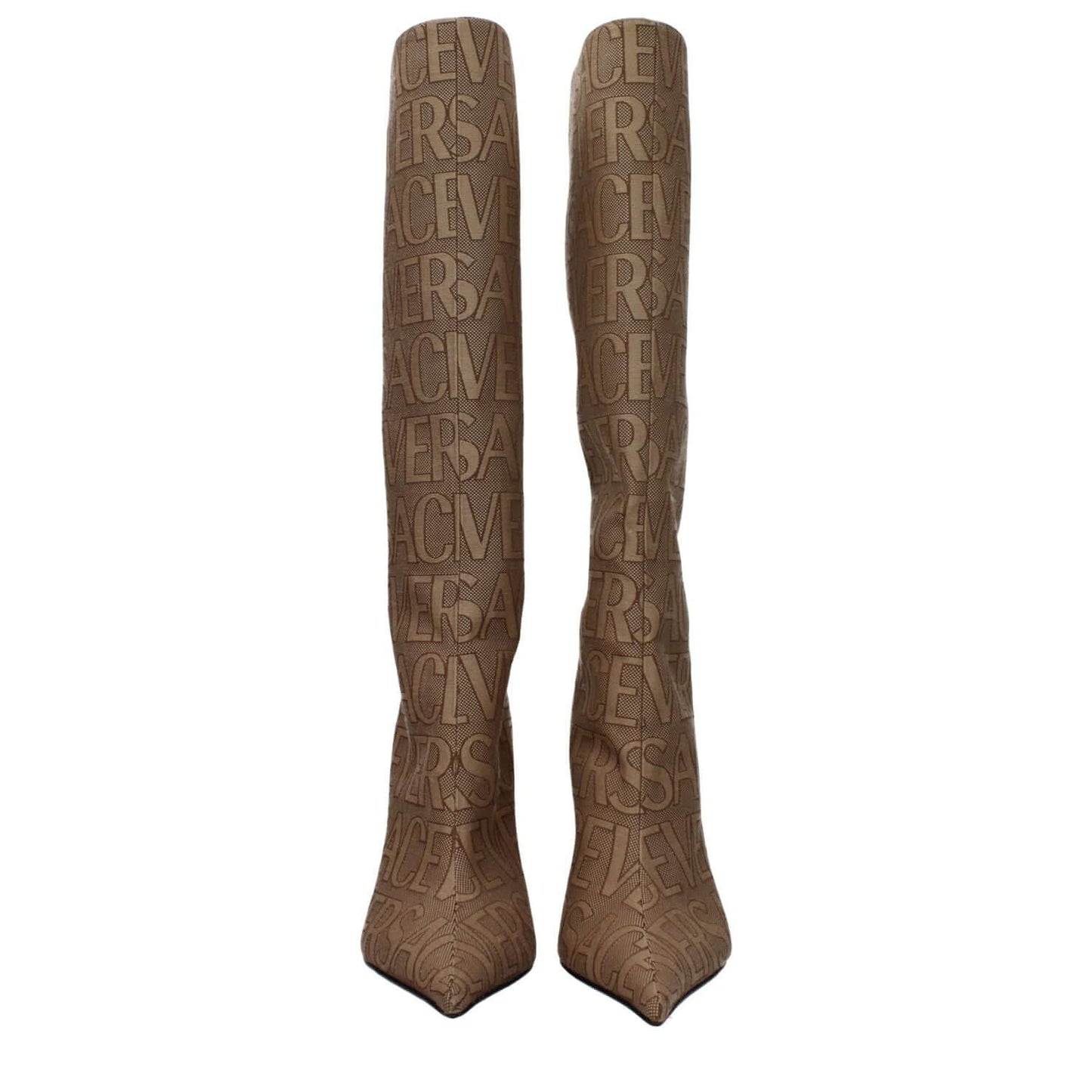 Versace Beige Fabric High Heel Boots with logo design, pointy toe, zip closure, and leather sole. Casual style, 11 cm high heel.