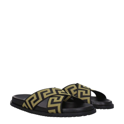 Versace Black Fabric Slippers with gold accents, featuring open toe design and rubber sole. Style: Casual, Heel: Low and flat.