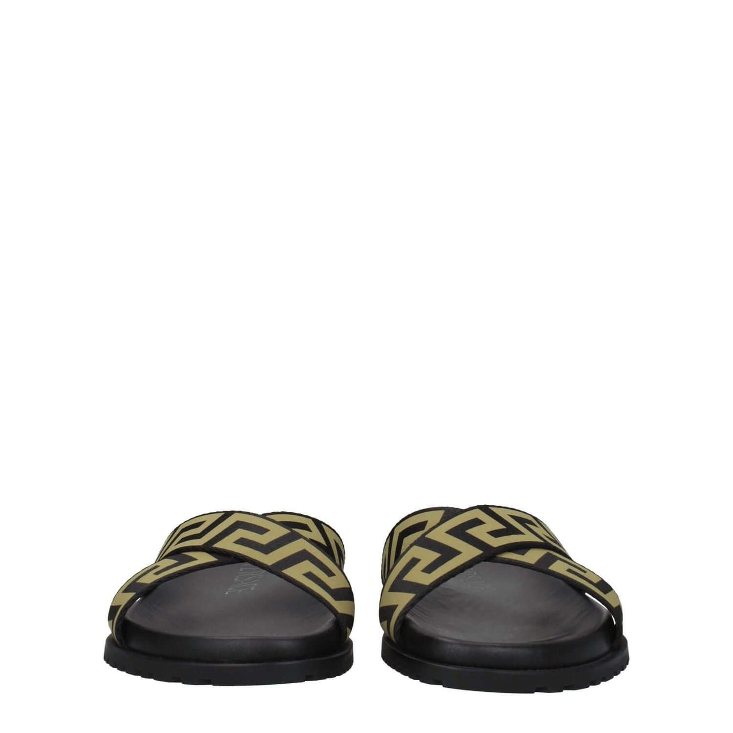 Versace Black Fabric Slippers with gold accents, open toe design, rubber sole, casual style.