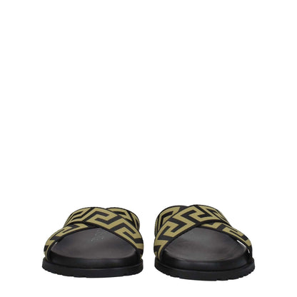 Versace Black Fabric Slippers with gold accents, open toe design, rubber sole, casual style.