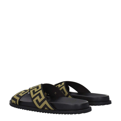 Versace Black Fabric Slippers with gold accents, open toe and low flat heel, made of fabric with rubber sole, style code F76789.