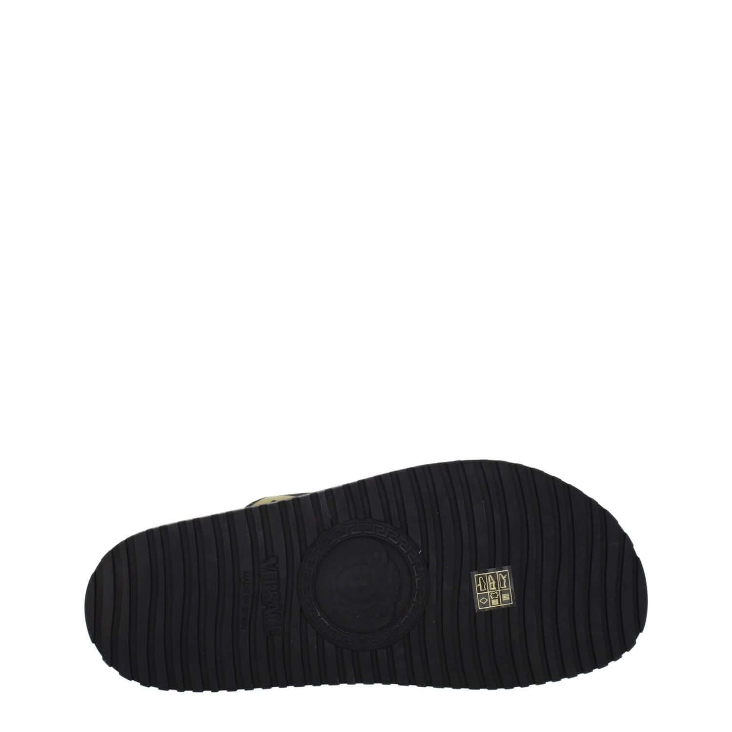 Sole of Versace Black Fabric Slippers with rubber grip, open toe design, and gold accents. Ideal for casual wear. MPN: 10083181A059582B150.