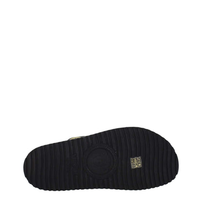 Sole of Versace Black Fabric Slippers with rubber grip, open toe design, and gold accents. Ideal for casual wear. MPN: 10083181A059582B150.