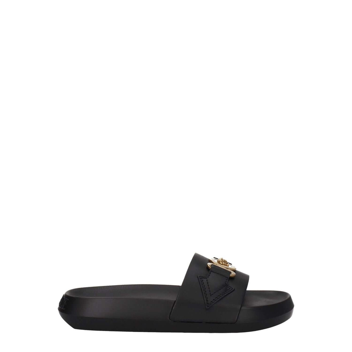 Versace Black Leather Slippers with gold detail, rubber sole, and open toe, featuring casual style and low flat heel.