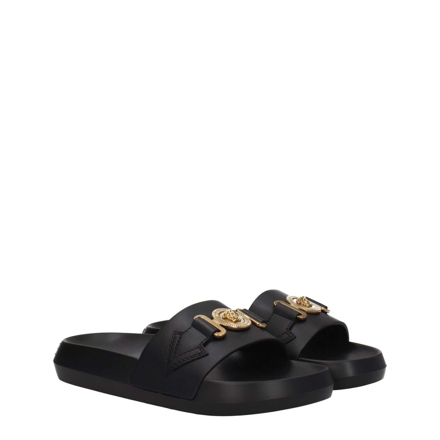 Versace Black Leather Slippers with gold front detail and back logo, open toe, casual style, rubber sole, low flat heel.