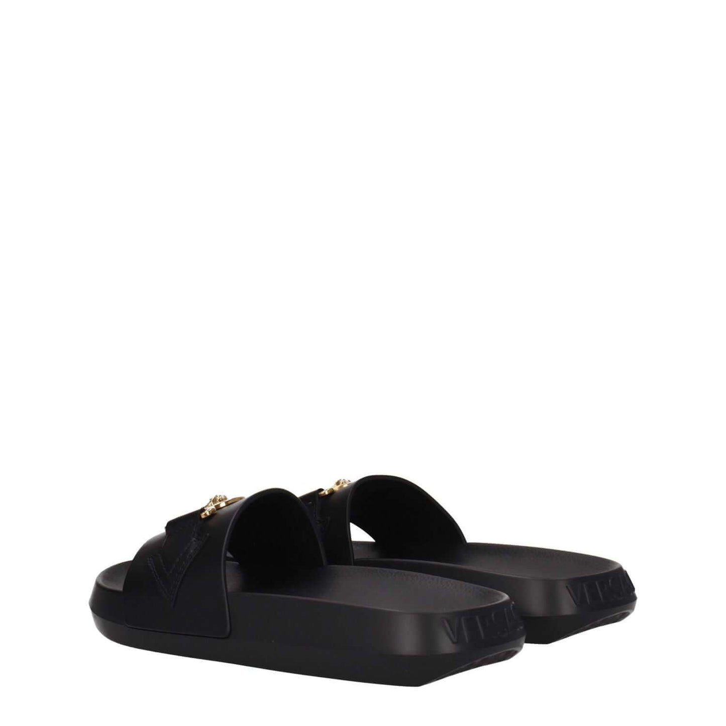 Versace Black Leather Slippers with gold front detail and rubber sole, featuring open toe and back logo. Casual style, low flat heel.