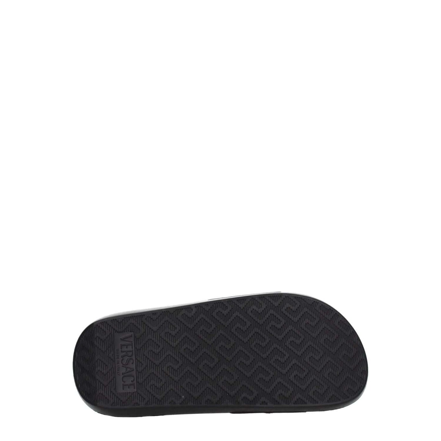 Versace Black Leather Slippers showing the rubber sole with logo and textured pattern, designed for casual wear with an open toe and low heel.