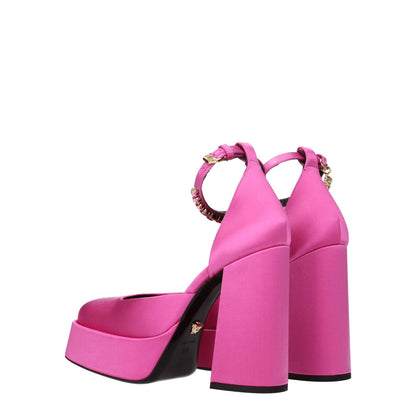 Versace Pink Satin Platform Pumps with high heel and rhinestone details, buckle closure, leather sole, stylish design, and round toe.