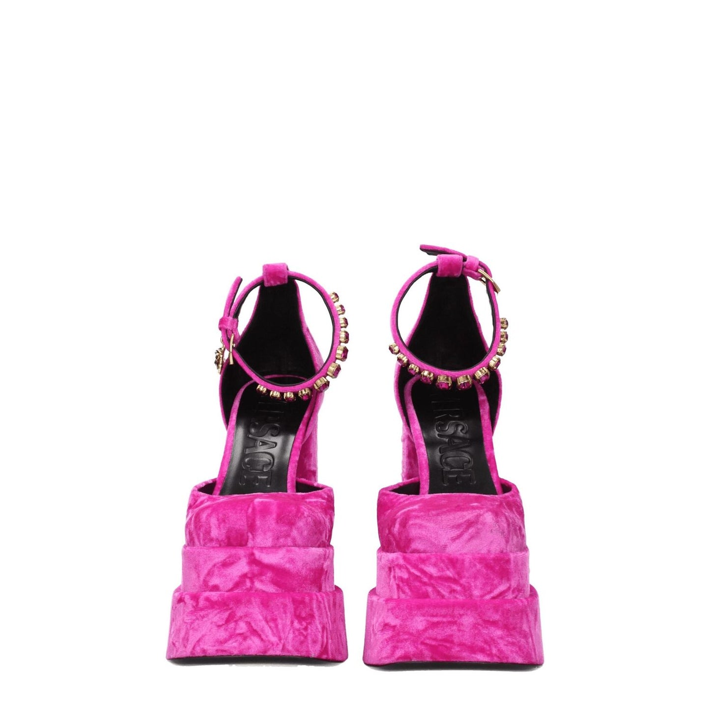 Versace Pink Velvet Platform Sandals, fuchsia velvet with gold rhinestone buckle, 15.5cm high heel, square toe, leather sole.
