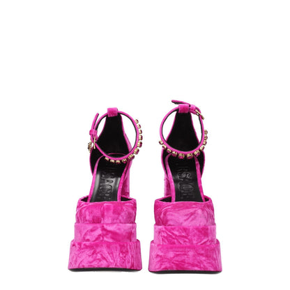 Versace Pink Velvet Platform Sandals, fuchsia velvet with gold rhinestone buckle, 15.5cm high heel, square toe, leather sole.