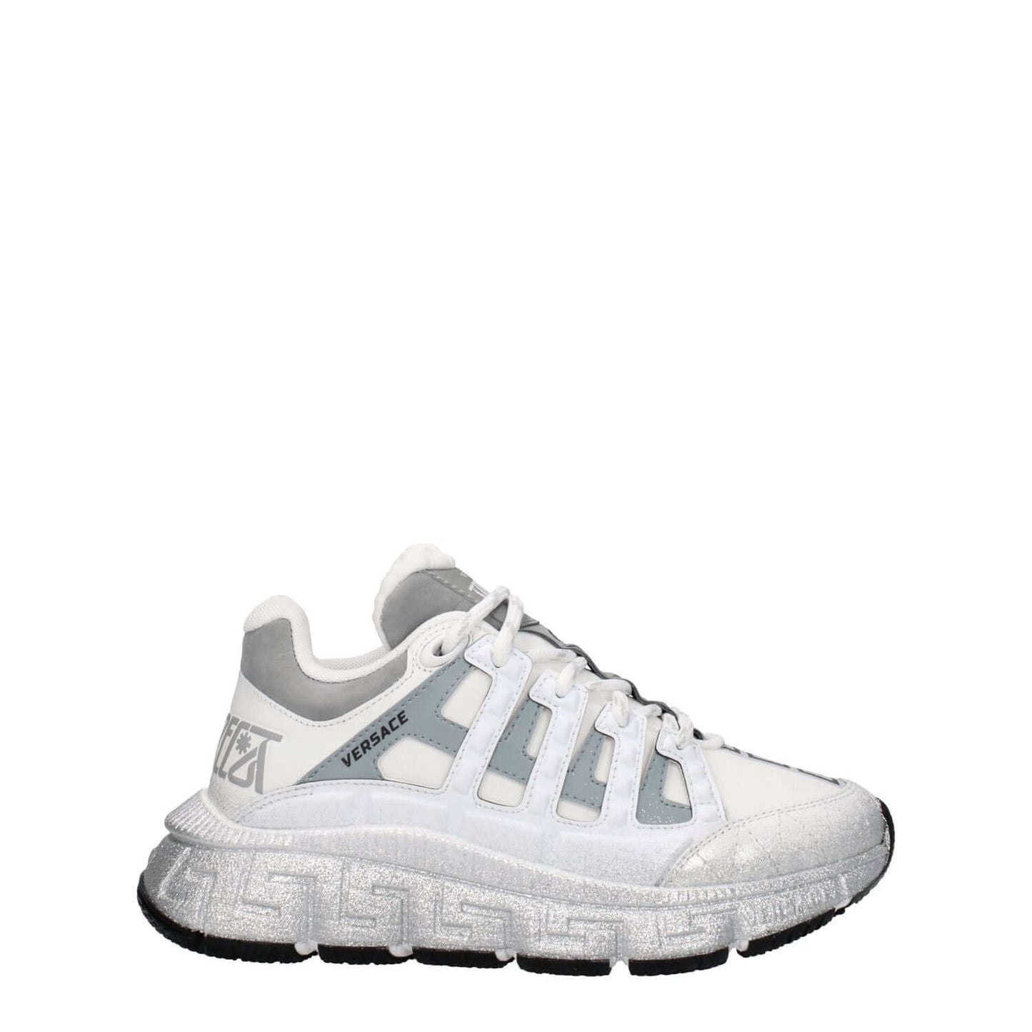 Versace White Fabric Athletic Sneakers with logos and lace-up closure, round toe design, mid heels, and silver accents.