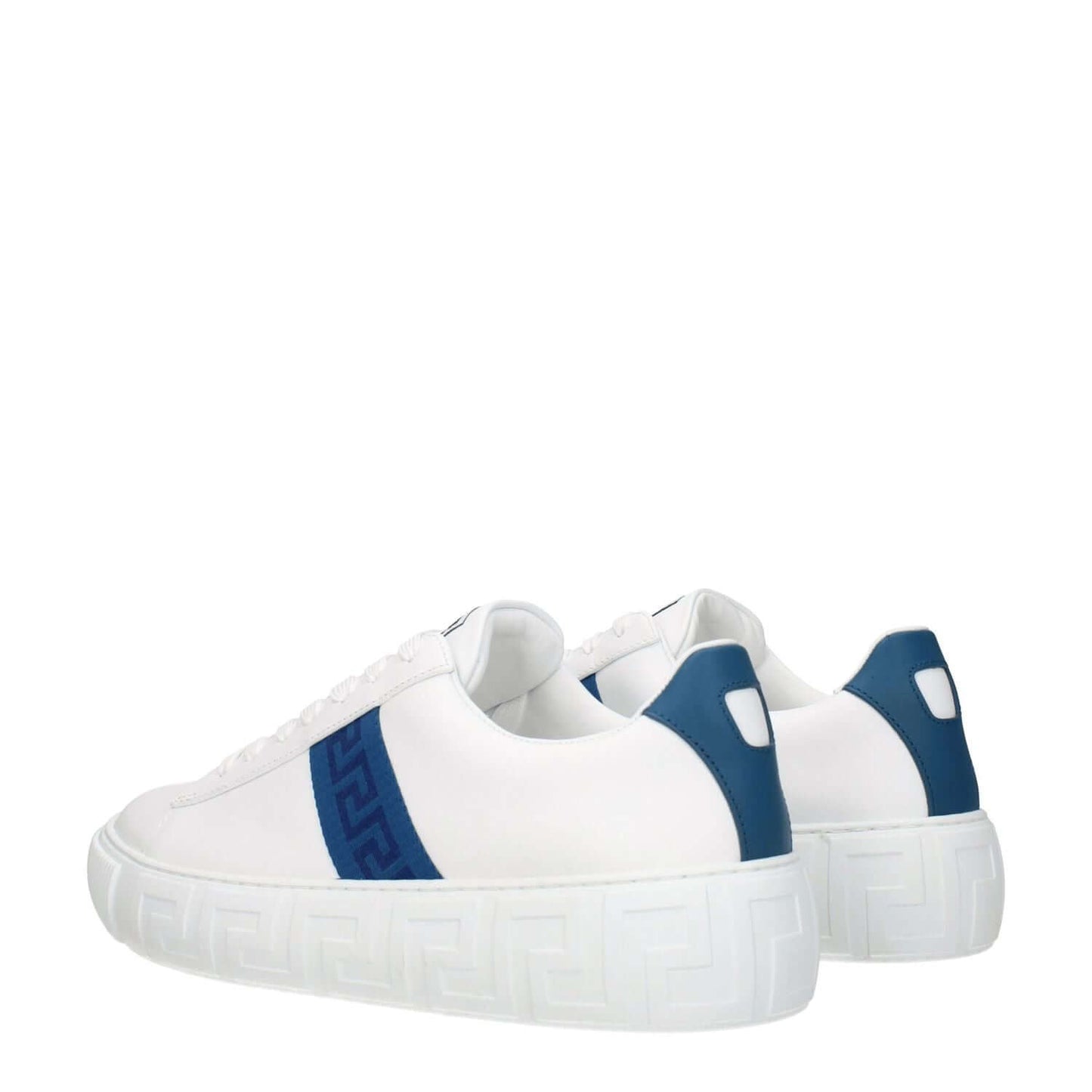 Versace White Leather Low Top Sneakers with dark teal accents, lace-up closure, and rubber sole.