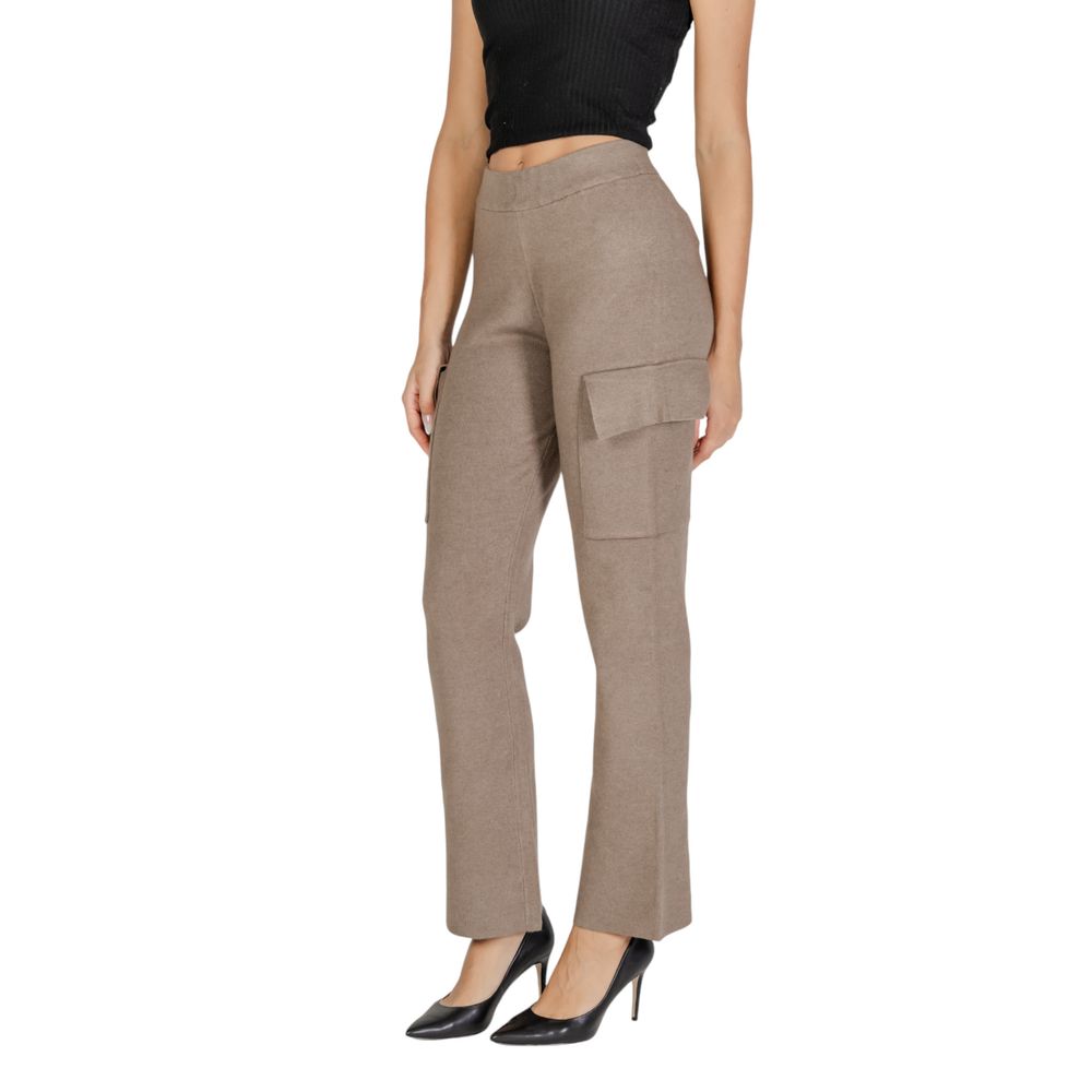 Vila Clothes Beige Viscose Pant with wide-leg design and side cargo pockets, featuring comfort and contemporary style for women.