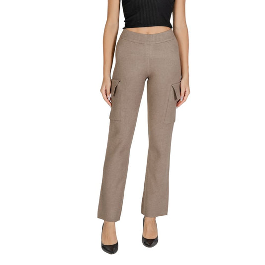 Vila Clothes Beige Viscose Pant, comfortable straight-leg cargos with large side pockets, perfect blend of viscose, polyester, polyamide.
