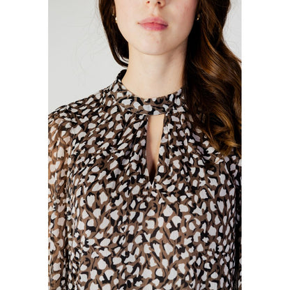 Vila Clothes Black Recycled Polyester Blouse in an elegant printed design, showcasing the semi-sheer fabric and stylish neckline.