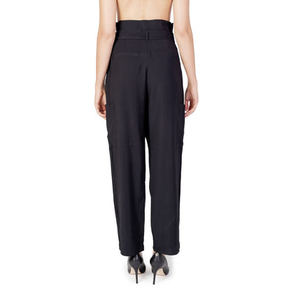 Back view of Vila Clothes Black Viscose Casual Pants with high waist and bow belt, showcasing feminine silhouette.