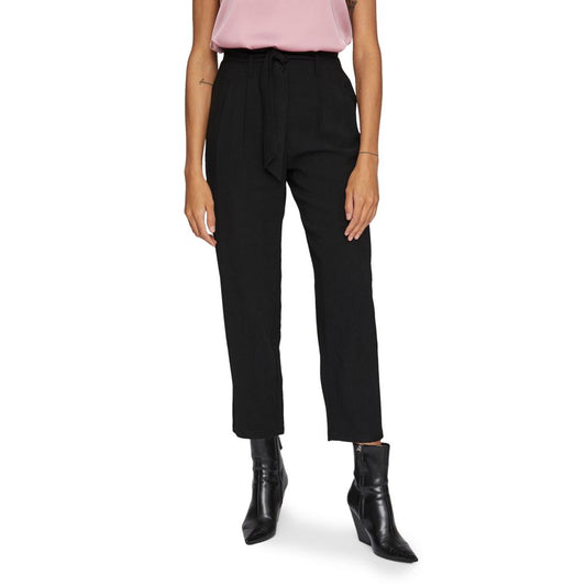 Vila Clothes Black Viscose Cropped Pants with high waist and self-tie belt, worn by a model for stylish sustainable fashion.