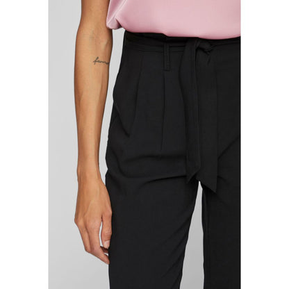 Vila Clothes Black Viscose Cropped Pants with self-tie belt displaying high-waisted design and 7/8 length for women