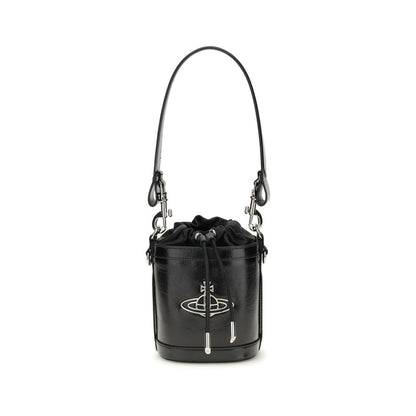 Vivienne Westwood Black Calf Leather Bos Taurus Backet Bag with iconic Orb detail on front, versatile strap options, and drawstring closure.