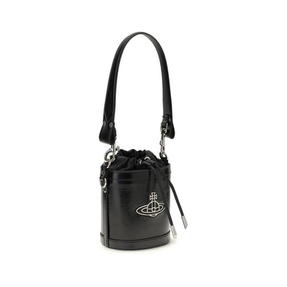 Vivienne Westwood Black Calf Leather Bos Taurus Backet Bag with Orb detail, nappa leather, chain strap, and drawstring closure.