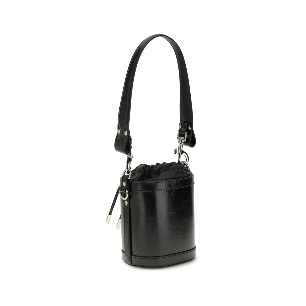 Vivienne Westwood Black Calf Leather Bos Taurus Backet Bag with drawstring closure and Orb metal detail.