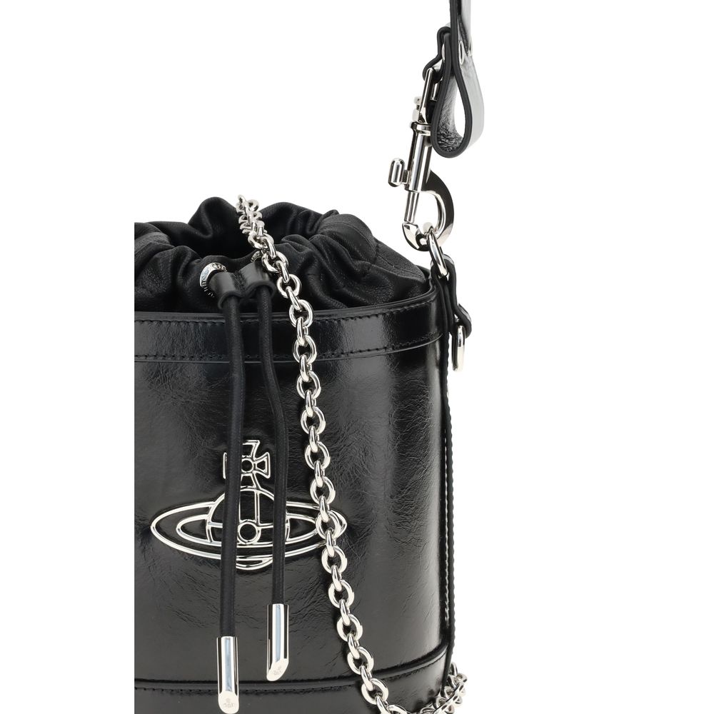 Vivienne Westwood Black Calf Leather Bos Taurus Backet Bag with Orb detail and chain strap, close-up view.