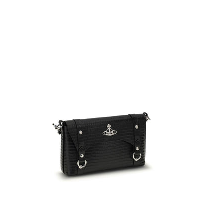Vivienne Westwood Black Calf Leather Bos Taurus Shoulder Bag with snap button closure and metallic details.