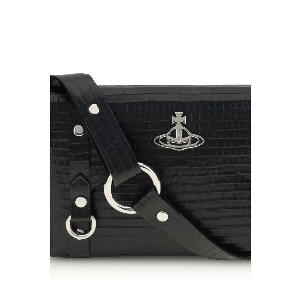 Vivienne Westwood Black Calf Leather Bos Taurus Shoulder Bag with metallic details and snap button closure.