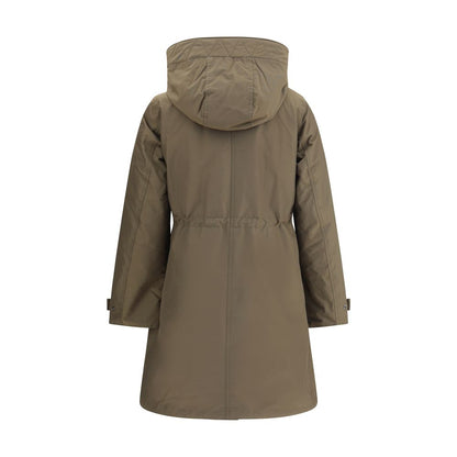 Back view of the Woolrich Green Cotton Parka featuring a hood and adjustable cuffs.