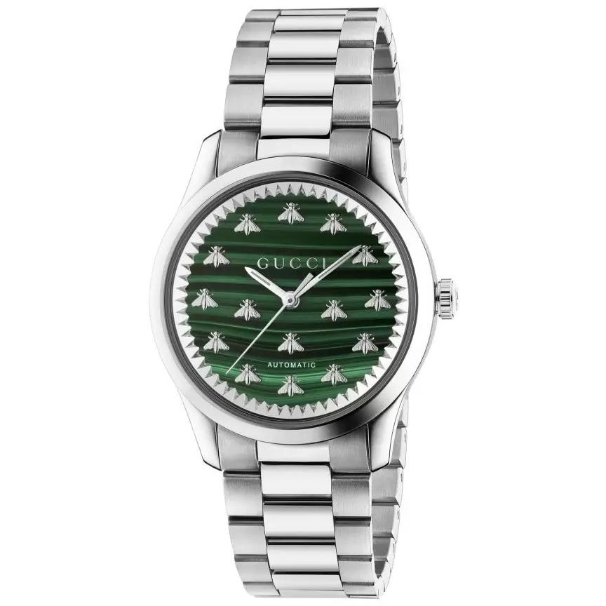 Luxury wristwatch GUCCI MOD. G-TIMELESS with a patterned green dial and silver bracelet.