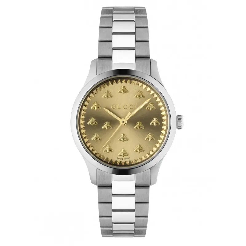 Luxury GUCCI MOD. G-TIMELESS MULTIBEE watch with gold bee dial and silver bracelet, chic designer accessory for timeless elegance.