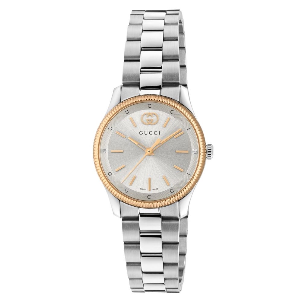 Alt Tag: GUCCI MOD. G-TIMELESS SLIM luxury watch with stainless steel band and gold accents, stylish and elegant design.