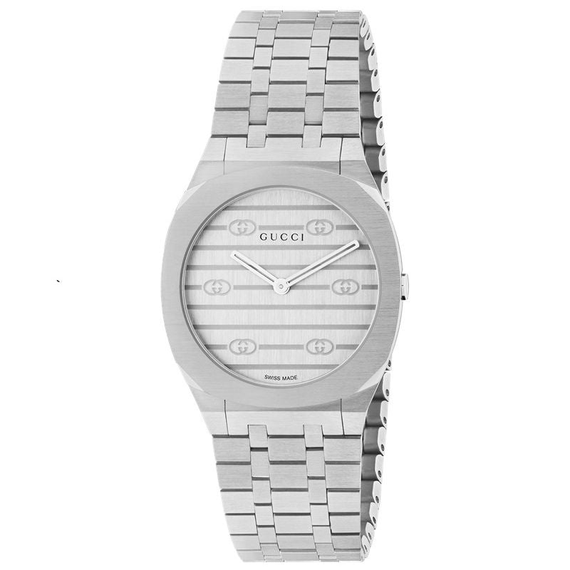 GUCCI Mod. 25H COLLECTION luxury wristwatch with silver bracelet and elegant design.