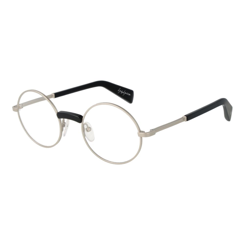 Round Yohji Yamamoto Silver Men Glasses Frame, metal full-rim, demo lenses. Size 48-21-145. Includes branded soft case.