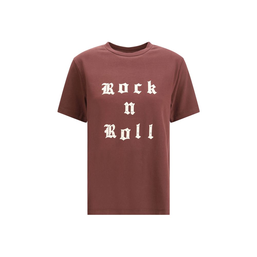 Zadig & Voltaire Bordeaux Cotton T-Shirt with rhinestone rock & roll lettering, ribbed crew neck, rock-chic style top.