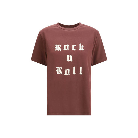 Zadig & Voltaire Bordeaux Cotton T-Shirt with rhinestone rock & roll lettering, ribbed crew neck, rock-chic style top.