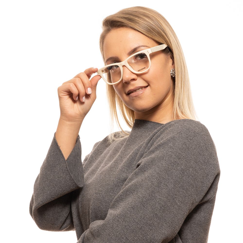 Woman wearing Zadig & Voltaire Cream Women Glasses Frame with sweater, showcasing full-rim rectangular style.