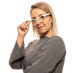 Woman wearing Zadig & Voltaire Cream Women Glasses Frame with sweater, showcasing full-rim rectangular style.