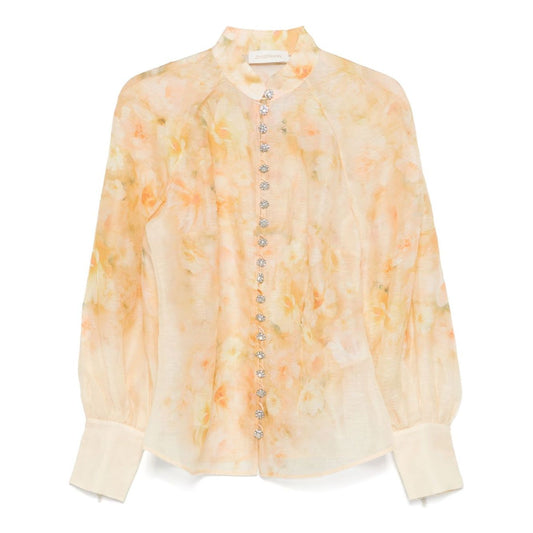 Zimmermann Crush Shirt in light yellow with floral print, crystal-embellished buttons, and puff sleeves, eco-friendly materials.