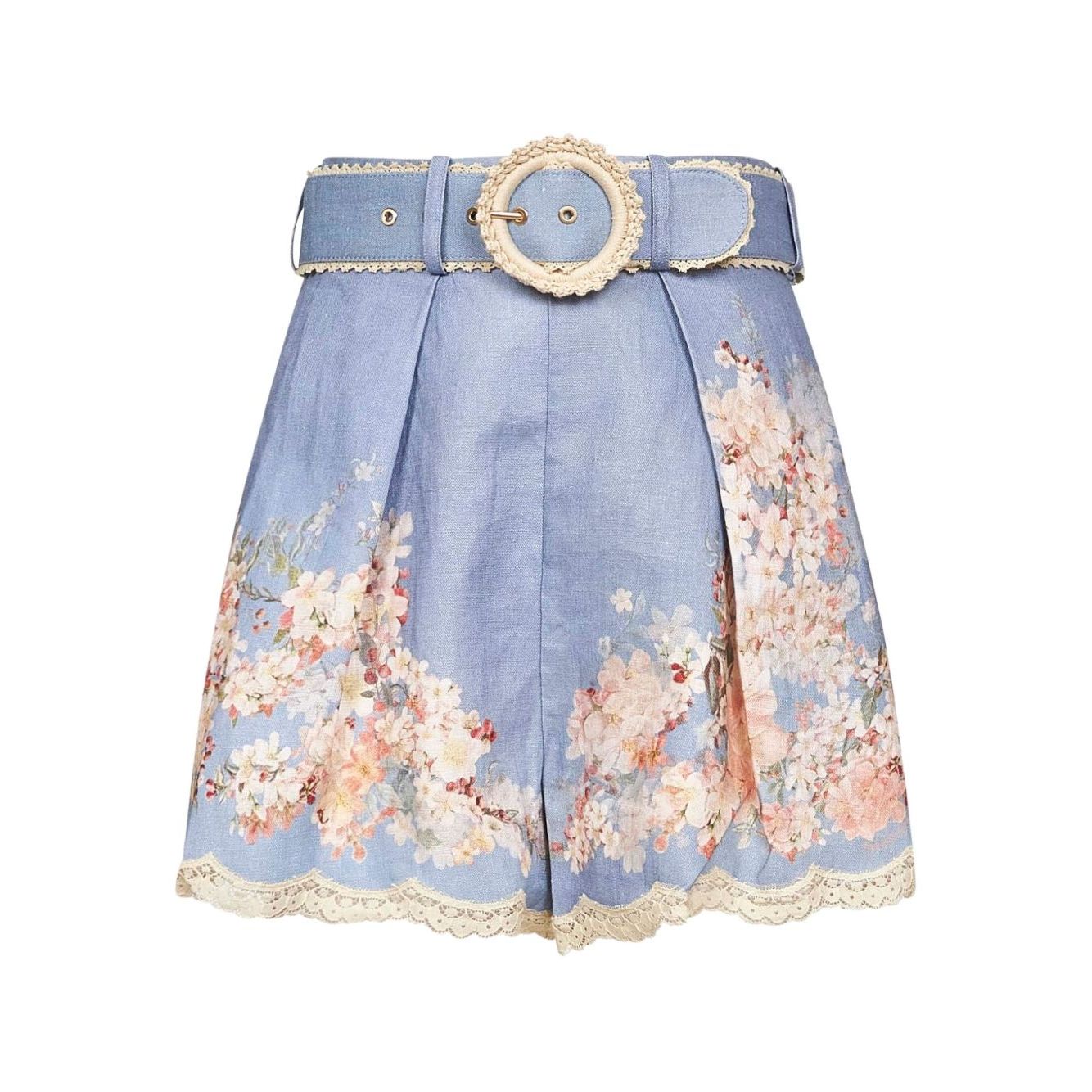 Zimmermann Floral-print belted shorts with blue botanical design, scalloped lace trim, high waist, and detachable belt.