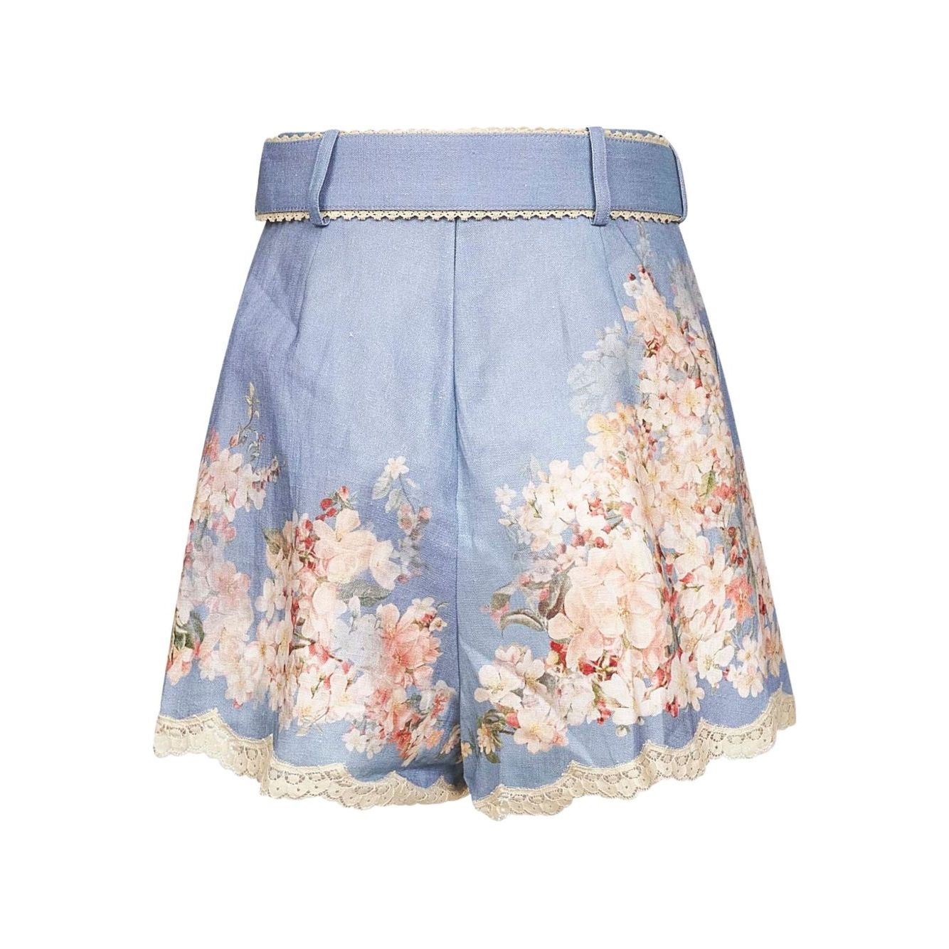 Zimmermann Floral-print belted shorts with blue botanical design, scalloped lace trim, and detachable belt.