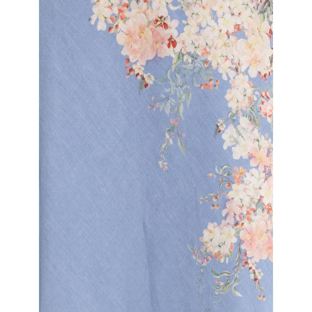 Zimmermann Light Blue Linen Long Skirt with floral print, elastic waist, partial lining, ideal for elegant summer look.