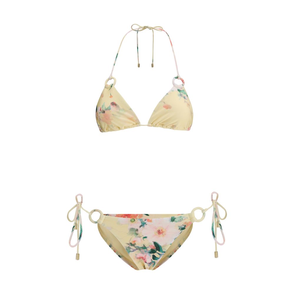Zimmermann Yellow Polyamide Bikini with floral pattern, featuring adjustable knot closures and elegant design.